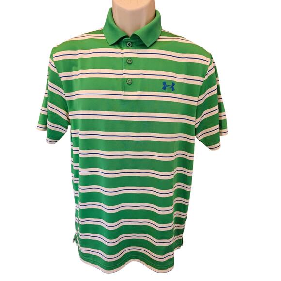 Under armour size M loose fit green white striped polo EUC performance golf top - Picture 1 of 7